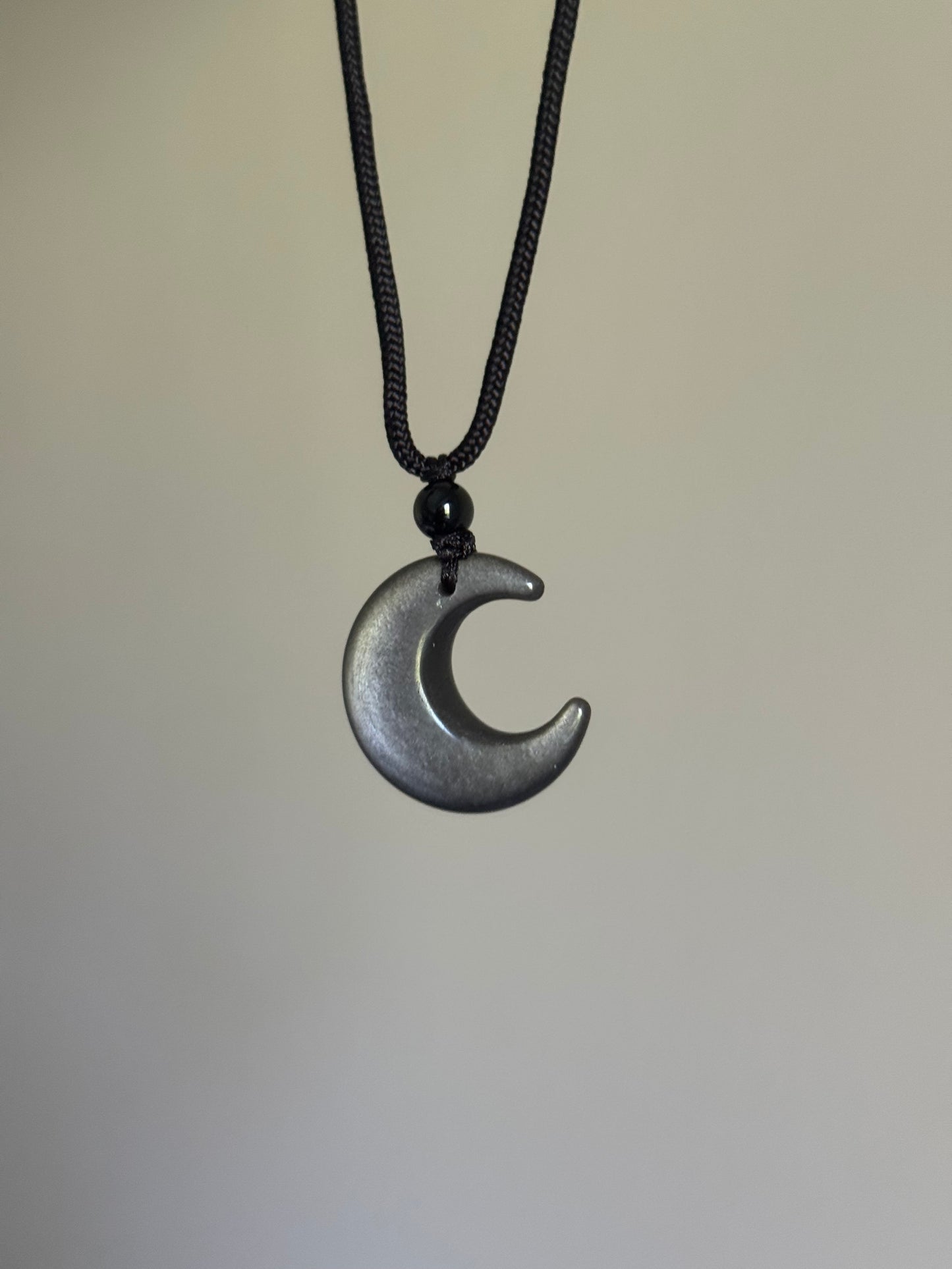 Collier cordon ajustable - Lune Obsidienne argentée