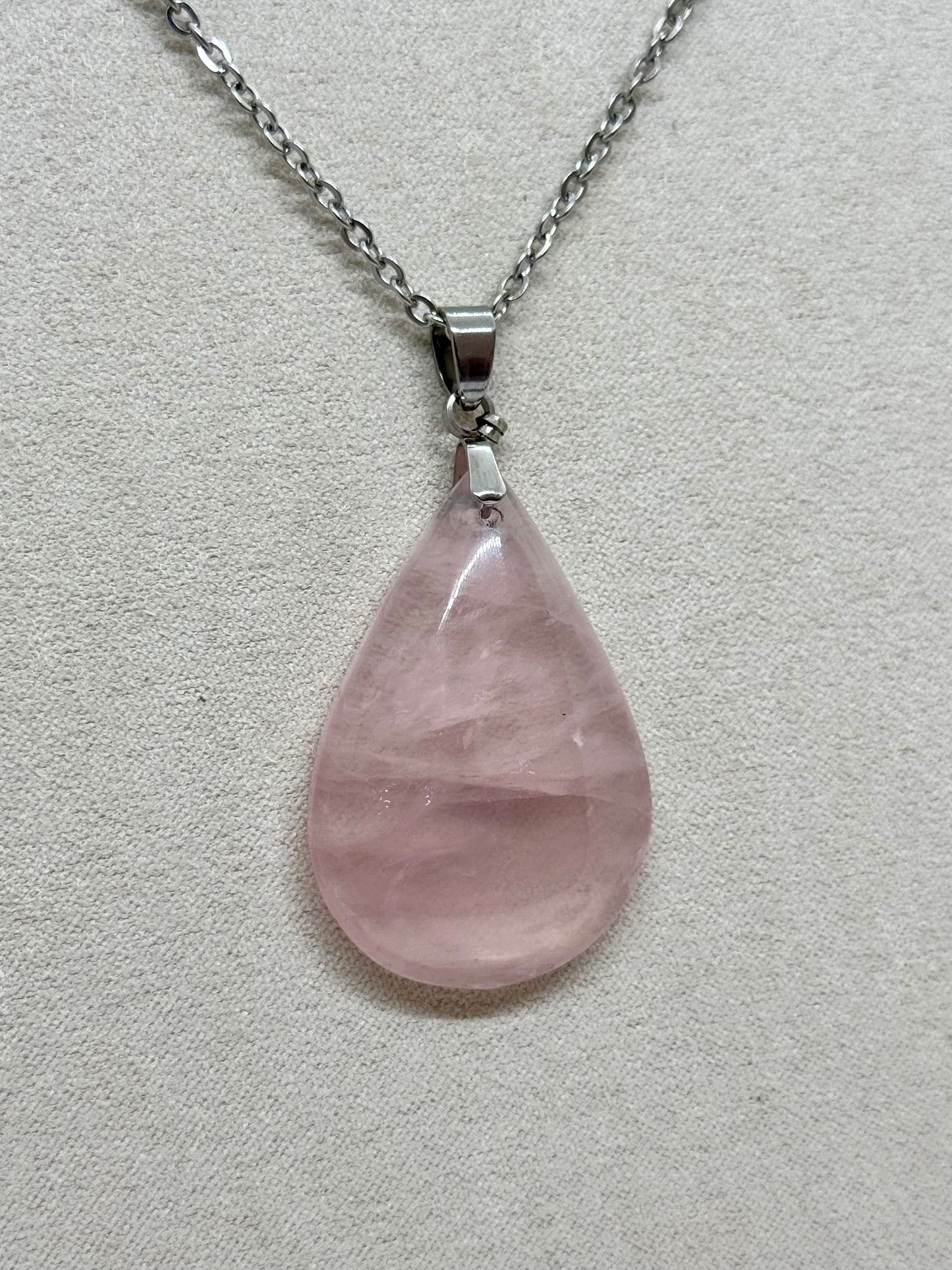 Collier pierre plate goutte Quartz rose - Chaîne en acier inoxydable