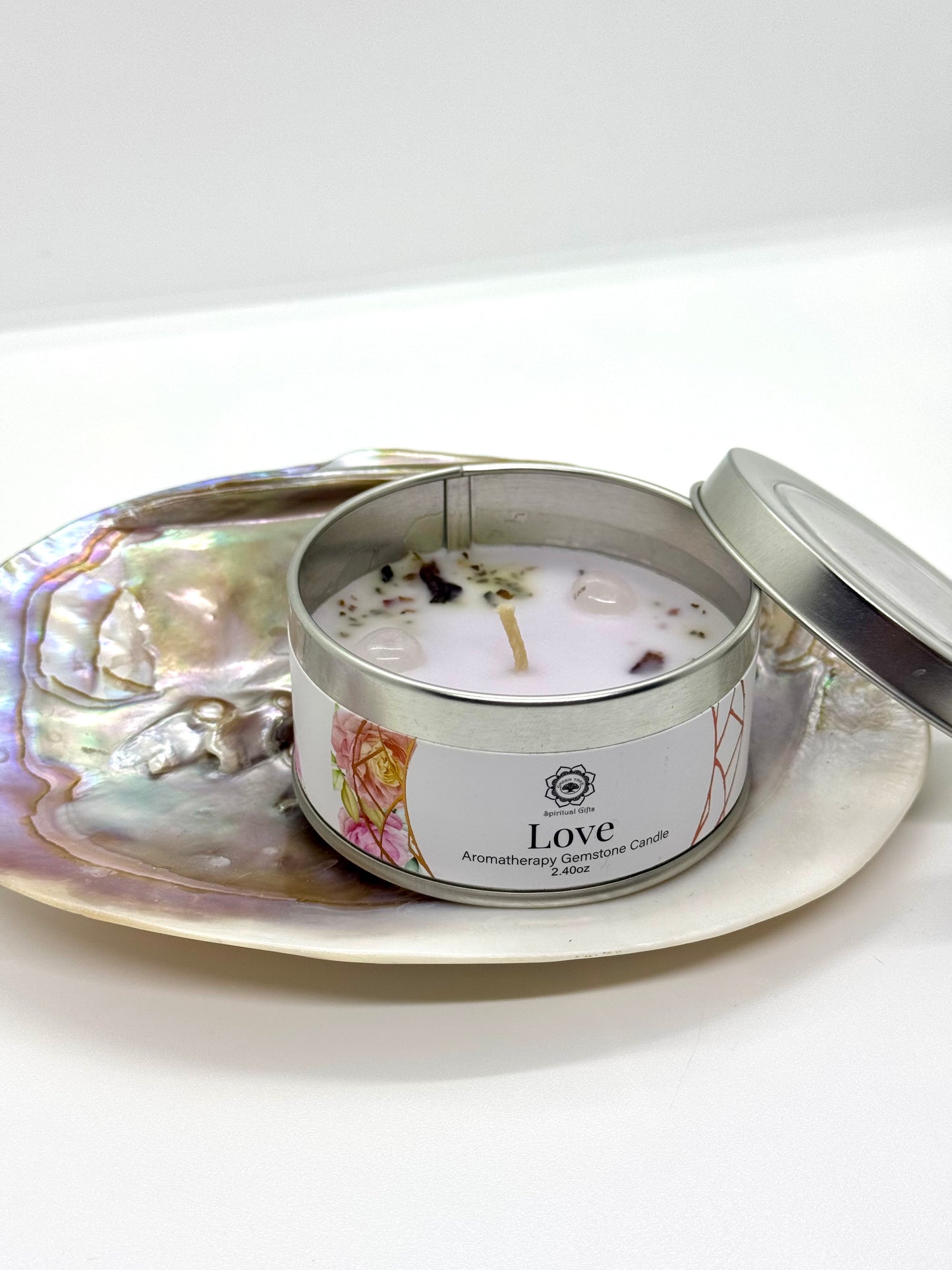 Bougie Green Tree "Amour" Quartz Rose + fleurs de rose séchées - Petit format