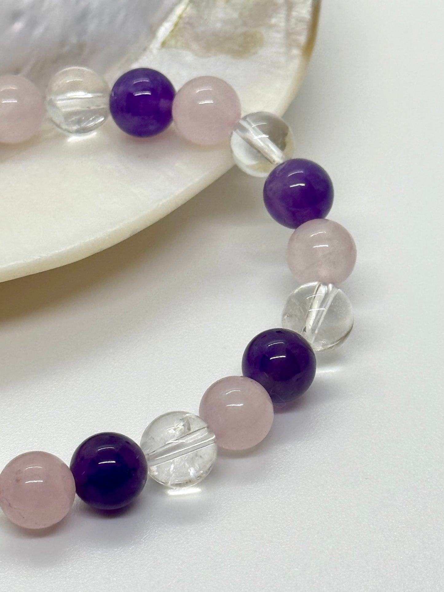 Bracelet triple perles anti-stress - Améthyste / Quartz rose / Cristal de roche - 08mm