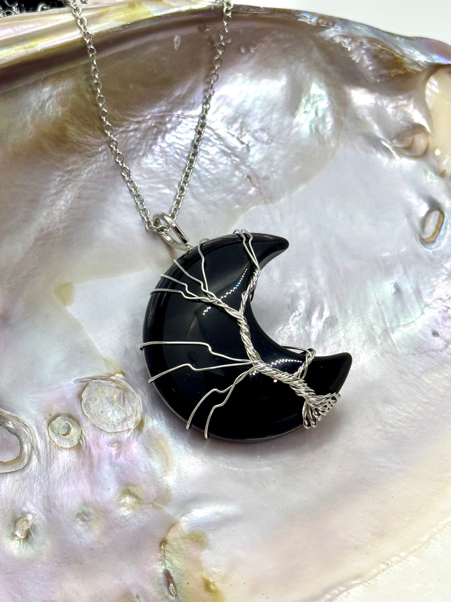 Collier pendentif Lune Arbre de vie Obsidienne 3.5cm - Chaîne argent 925
