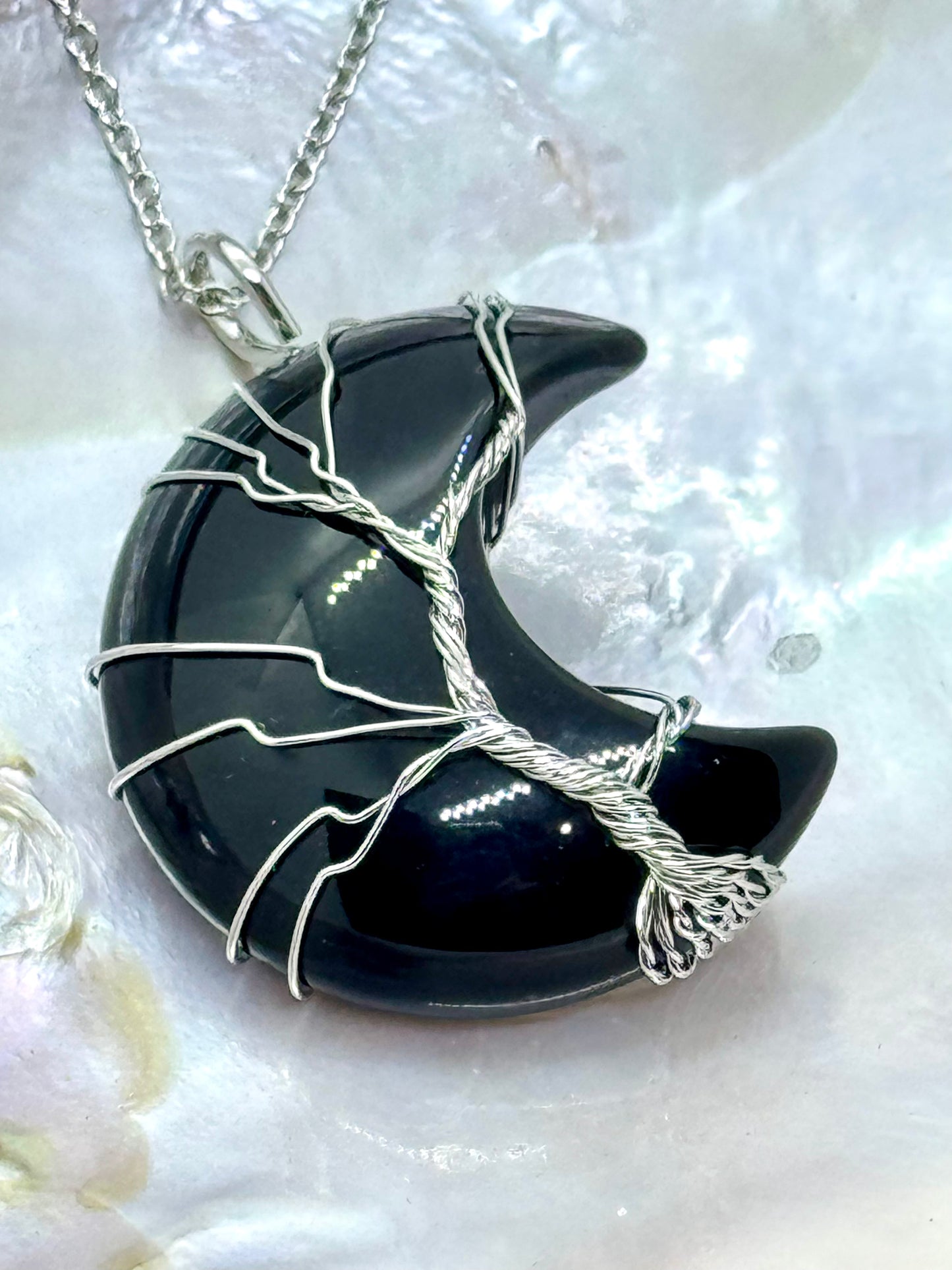 Collier pendentif Lune Arbre de vie Obsidienne 3.5cm - Chaîne argent 925