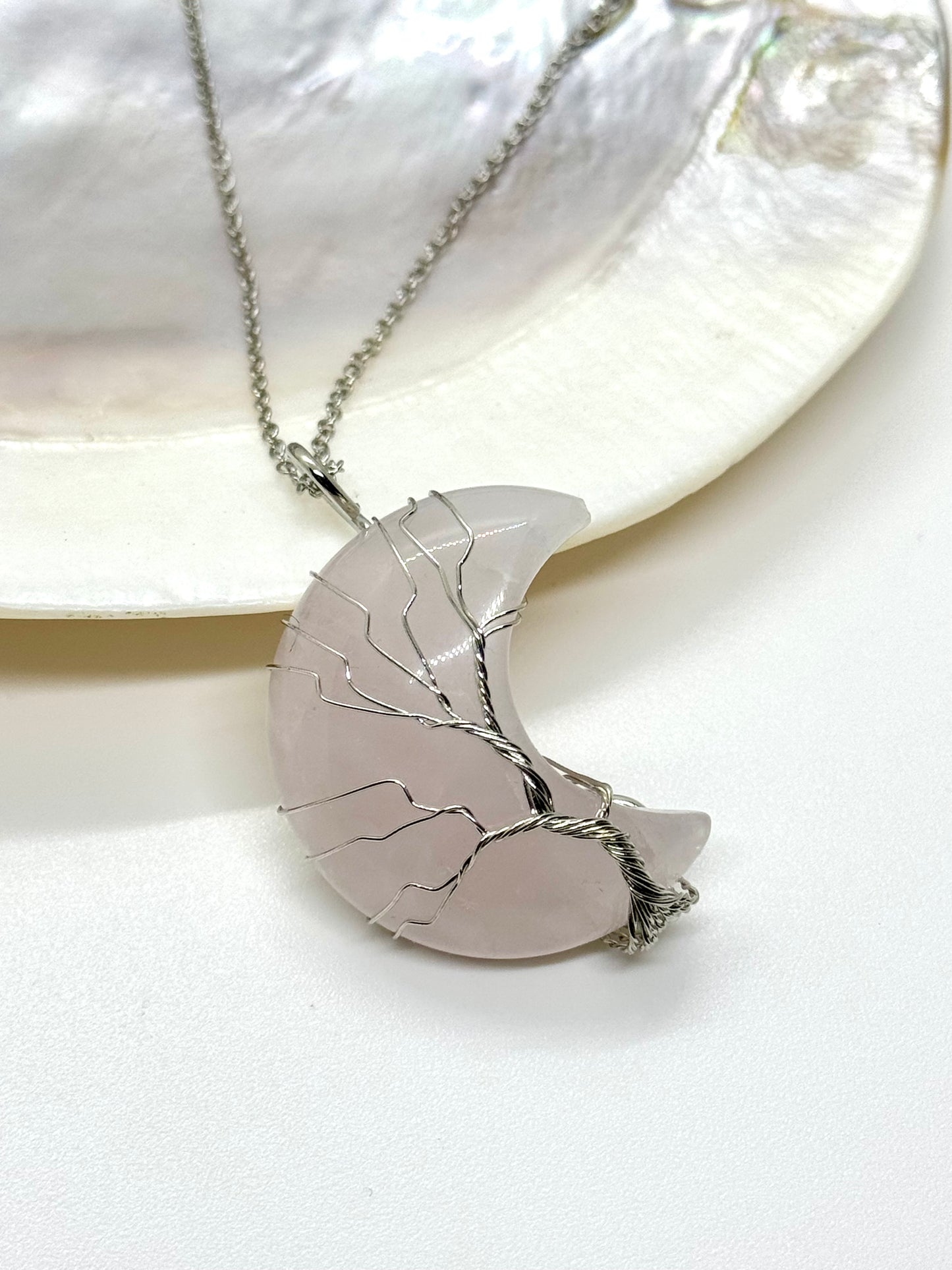 Collier pendentif Lune Arbre de vie Quartz rose 3.5cm - Chaîne argent 925