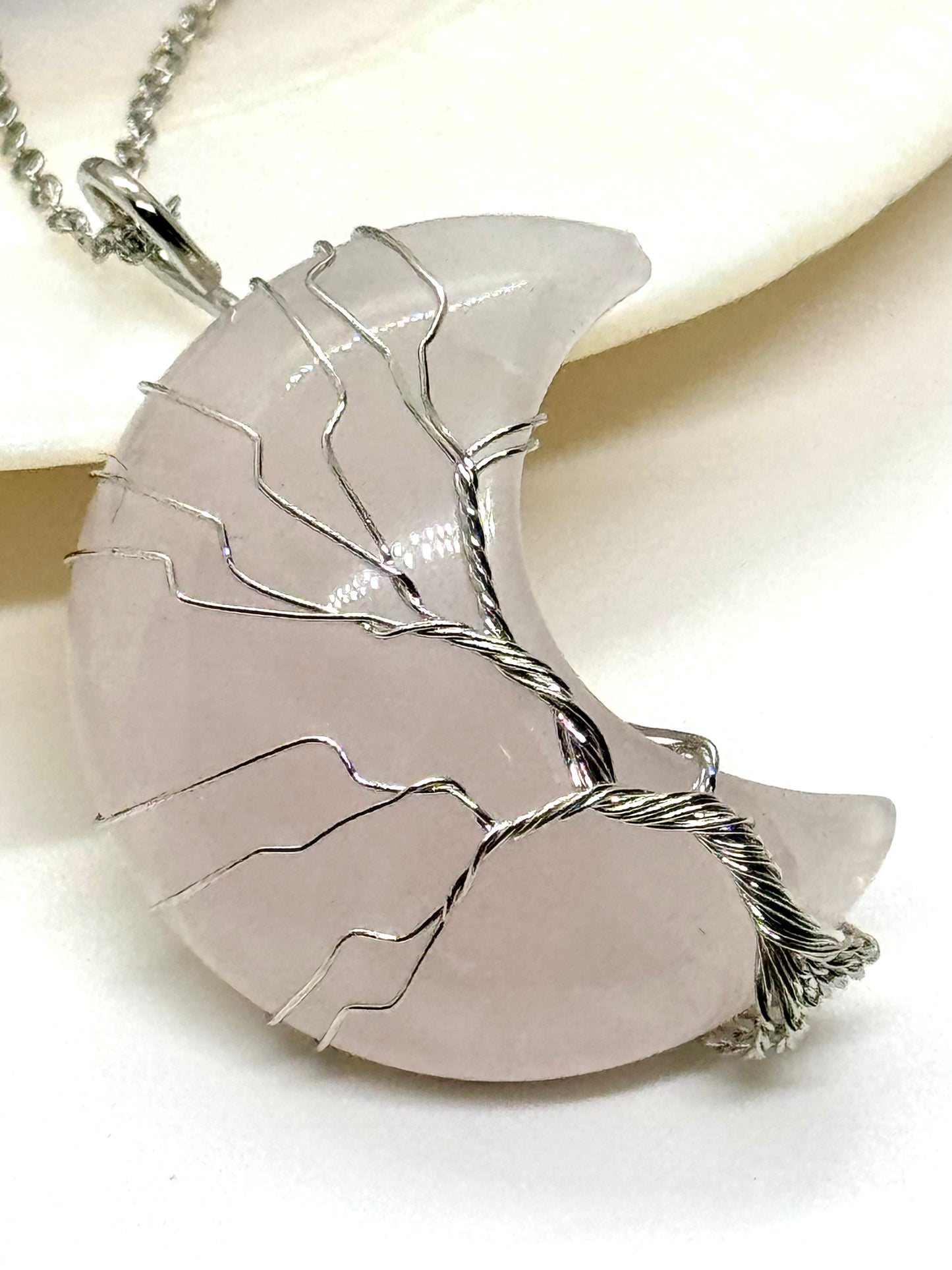 Collier pendentif Lune Arbre de vie Quartz rose 3.5cm - Chaîne argent 925