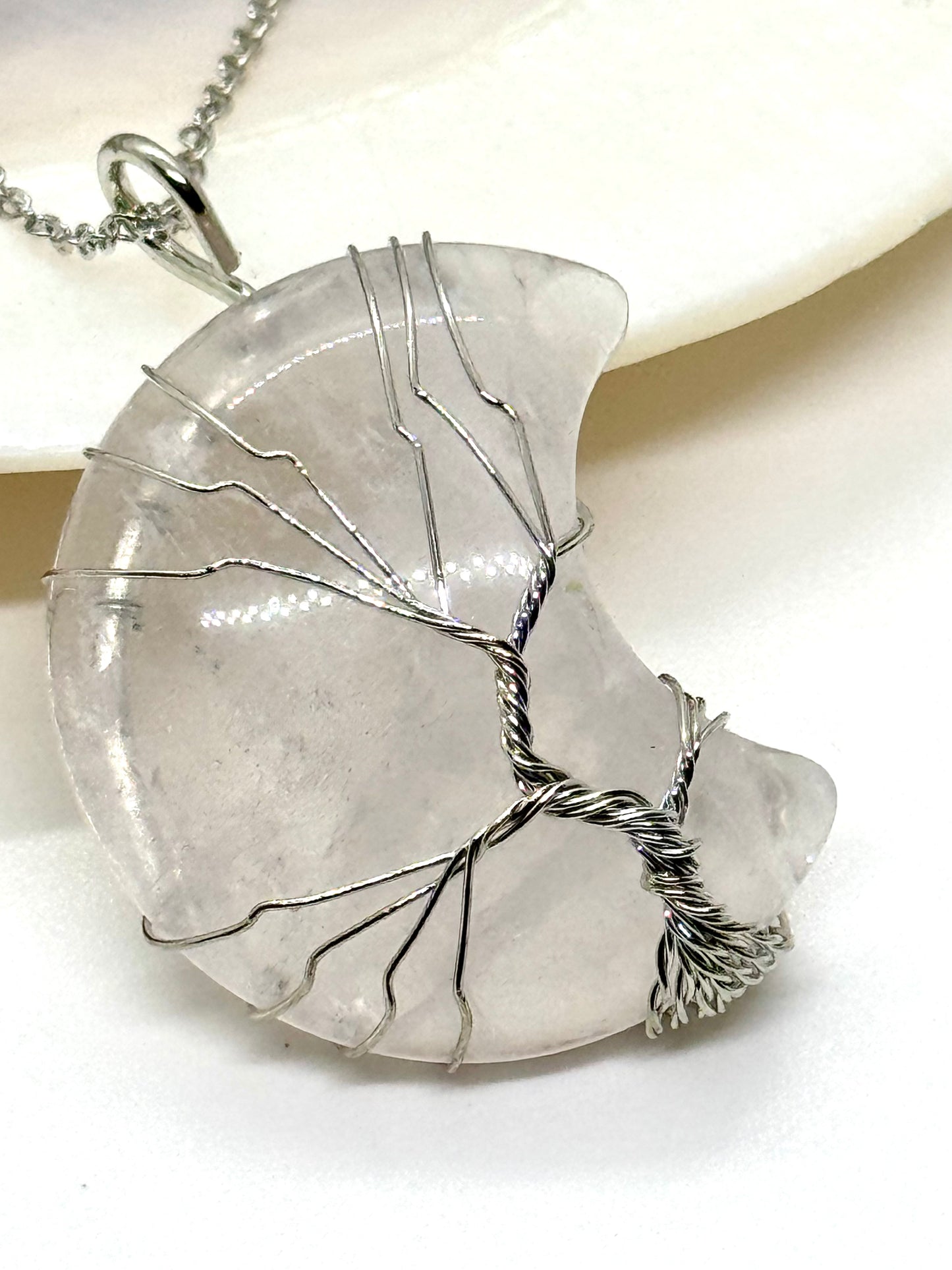Collier pendentif Lune Arbre de vie Cristal de roche 3.5cm - Chaîne argent 925