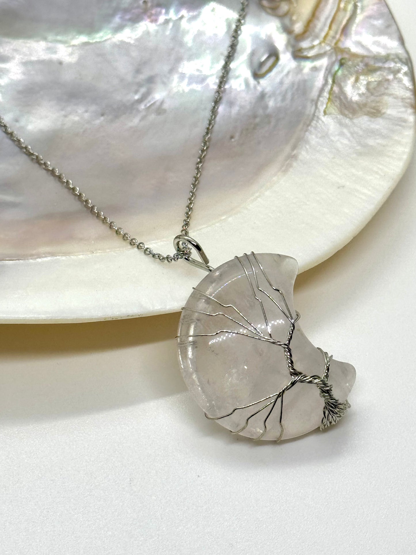 Collier pendentif Lune Arbre de vie Cristal de roche 3.5cm - Chaîne argent 925