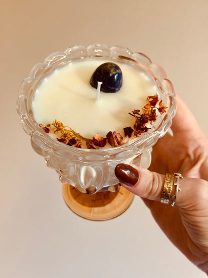 Bougie verre Myrtille/cassis - Sodalite/fleurs séchées