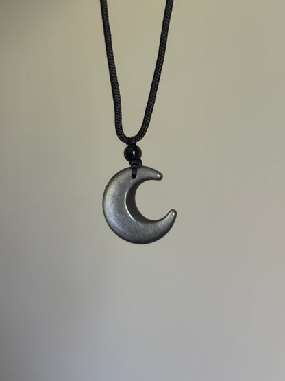 Collier cordon ajustable - Lune Obsidienne argentée