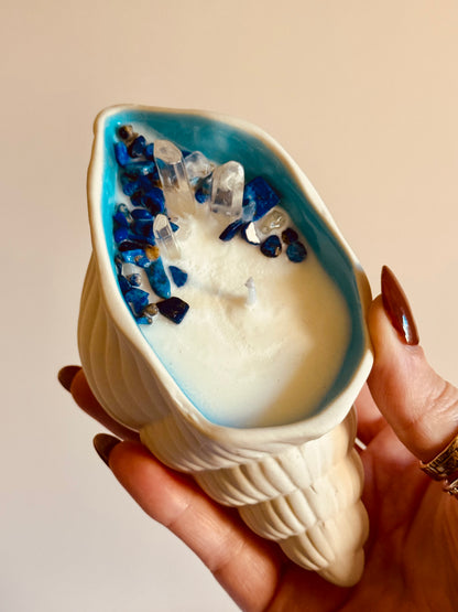 Bougie petit coquillage - cannelle/épices - Lapis-lazuli/Cristal de roche
