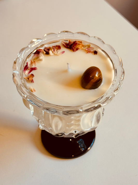 Bougie verre Bois de Santal - Œil de Tigre/fleurs séchées