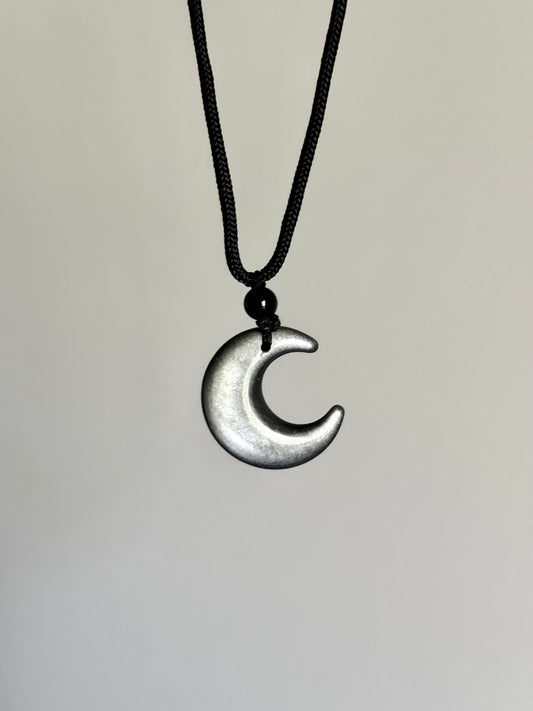 Collier cordon ajustable - Lune Obsidienne argentée