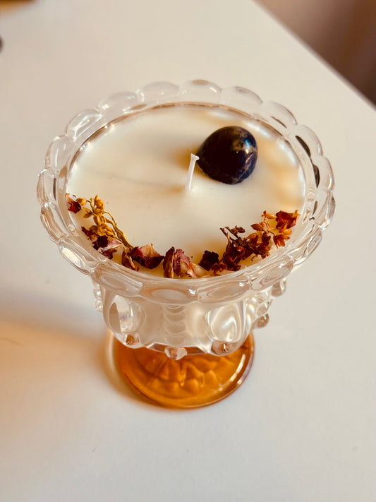 Bougie verre Myrtille/cassis - Sodalite/fleurs séchées