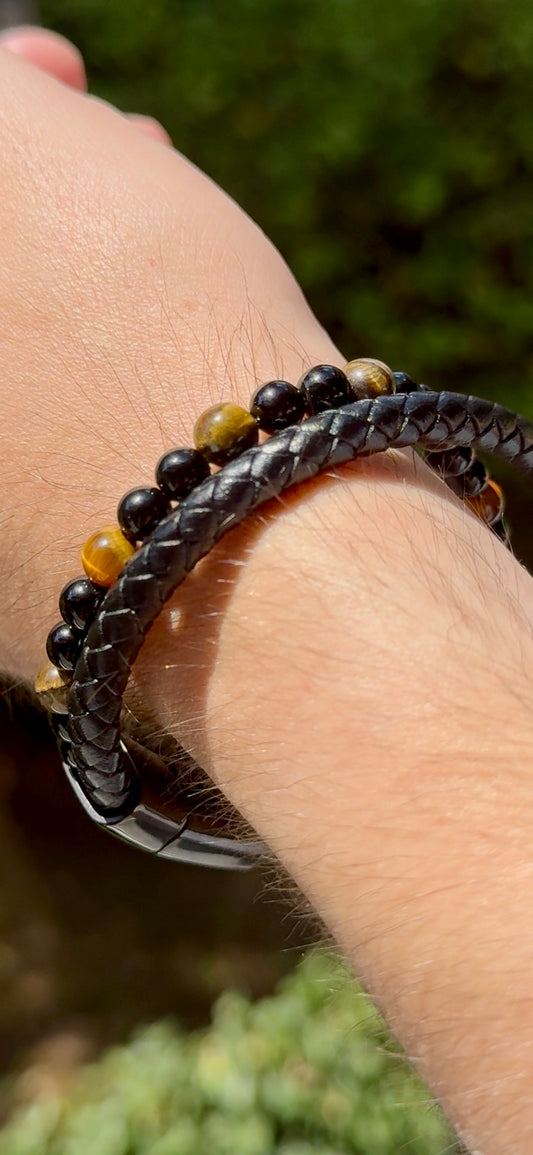 Bracelet homme Aska cuir - Oeil de Tigre / Onyx