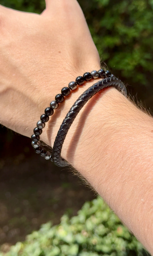 Bracelet homme Aska cuir noir - Hématite / Onyx