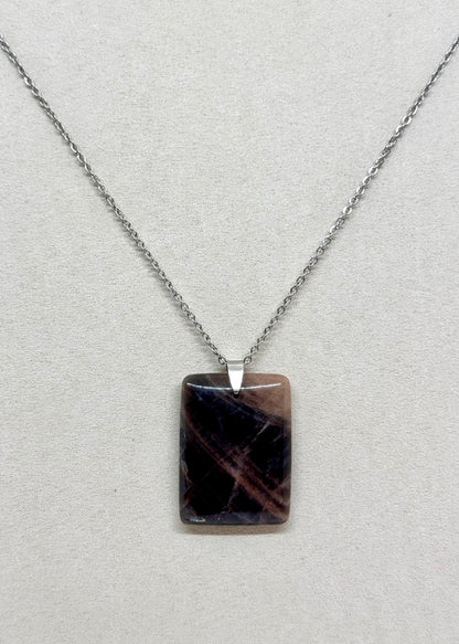 Collier pierre plate rectangle Pierre de Lune noire - Chaîne en acier inoxydable