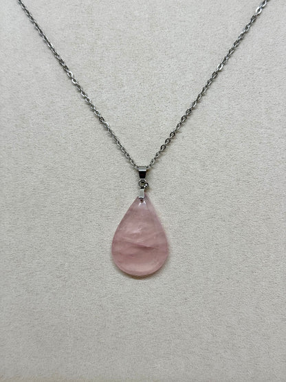 Collier pierre plate goutte Quartz rose - Chaîne en acier inoxydable