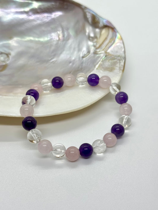 Bracelet triple perles anti-stress - Améthyste / Quartz rose / Cristal de roche - 08mm